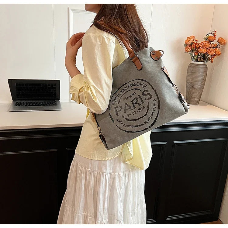 Large Retro Canvas Tote Bag - Adjustable Shoulder Strap Vintage Paris Stamp Print - Stylish Crossbody Bag for Women