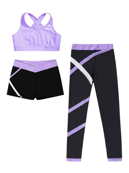 Kids Girls 3 Pcs Athletic Tracksuits Ballet Dance Yoga Sportswear Sports Bra Shorts with Leggings Tumbling Ice Skating Sets