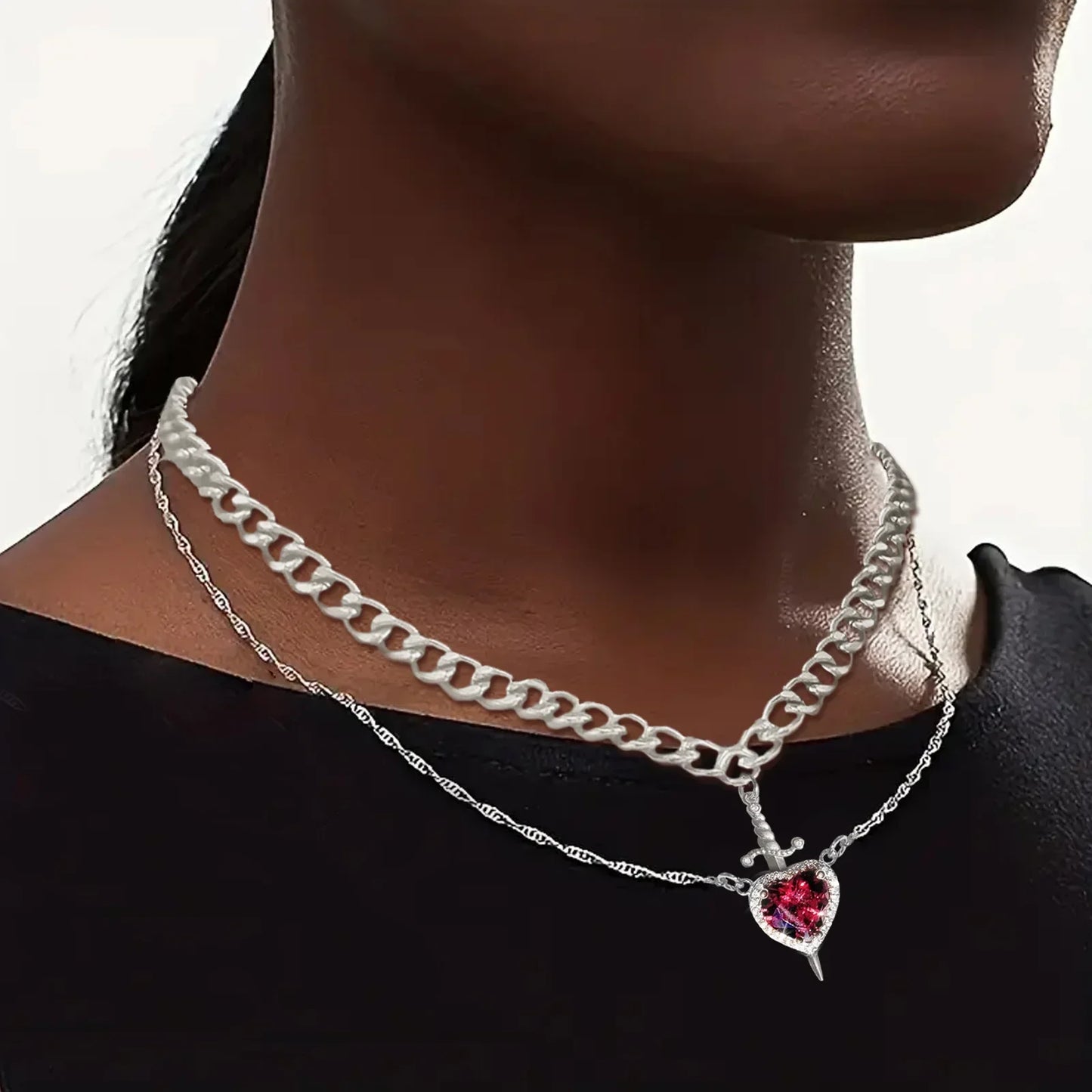 2025 2PCS Heart & Sword Zircon Pendant Necklace – Silver/Gold Plated Couple Jewelry