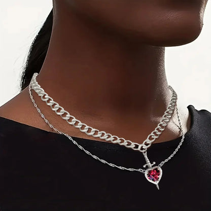 2025 2PCS Heart & Sword Zircon Pendant Necklace – Silver/Gold Plated Couple Jewelry