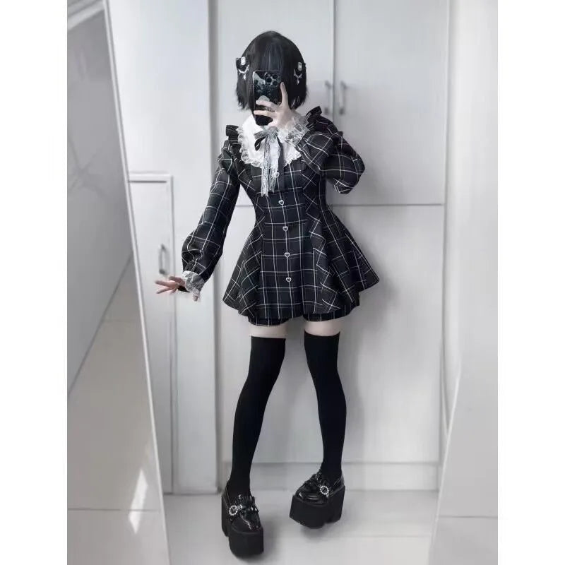 Harajuku Sweet Bow Black Plaid Dresses All-match Slim Fit Kawaii Lolita Dress for Women 2025