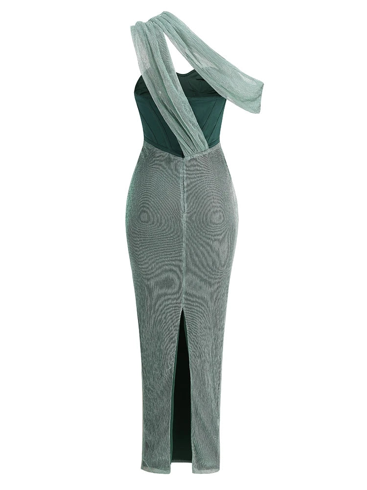 One Shoulder Draped Glitter Long Dress Women Brown Corset Sparkly Backless Bodycon Maxi Dresses Evening Party Gowns