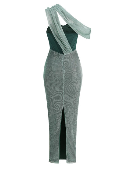 One Shoulder Draped Glitter Long Dress Women Brown Corset Sparkly Backless Bodycon Maxi Dresses Evening Party Gowns