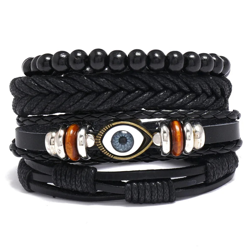 ZORCVENS 3 pcs/set Handmade Woven Leather Bracelet for Men, Vintage Braided Jewelry Gift, Evil Eye Bracelets Bangles