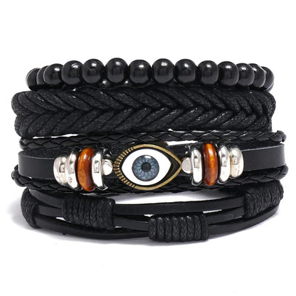 ZORCVENS 3 pcs/set Handmade Woven Leather Bracelet for Men, Vintage Braided Jewelry Gift, Evil Eye Bracelets Bangles