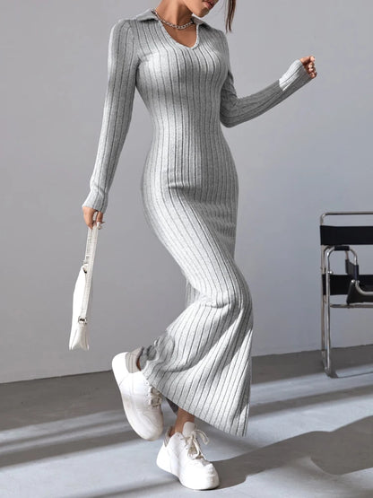Women knit V-neck reverse neck split dress autumn winter full sleeve elastic basic body sweater