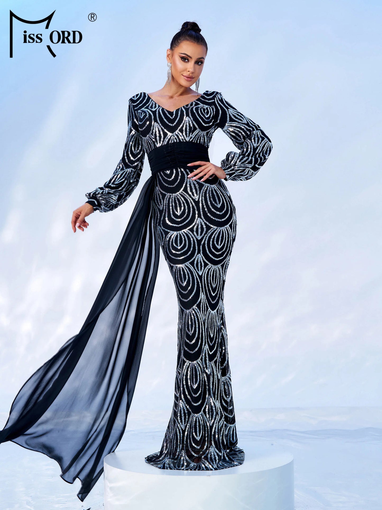 Missord Green Sequin Evening Dress Elegant Women Long Sleeve V-neck Belt Draped Bodycon Wedding Party Prom Dresses Female Gown