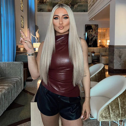 Fashion Solid Leather Y2k Top Skinny Waist Slimming Sleeveless Women Clothing High Collar Streetwear