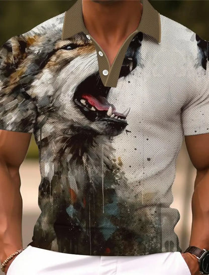 Animal Lion Men's Sportswear Printed Polo Shirt Outdoor Work Streetwear Short Sleeve Black Red Summer Spring Lapel Polo Shirt