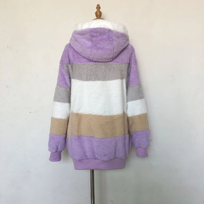 New Autumn Winter Warm Plush Pocket Hooded Streetwear Loose Lady Outerwear Coat