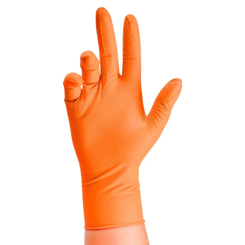 Heavy Duty Orange Nitrile Gloves 8Mil Industrial Disposable Gloves with Diamond Textured Grip