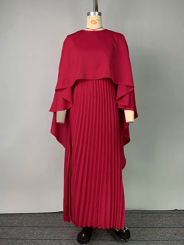 Yeezzi Women's Fashion Cape Sleeves High-Low Pleated Maxi Dresses  New Autumn Solid Color O-Neck Elegant Party Evening Dress