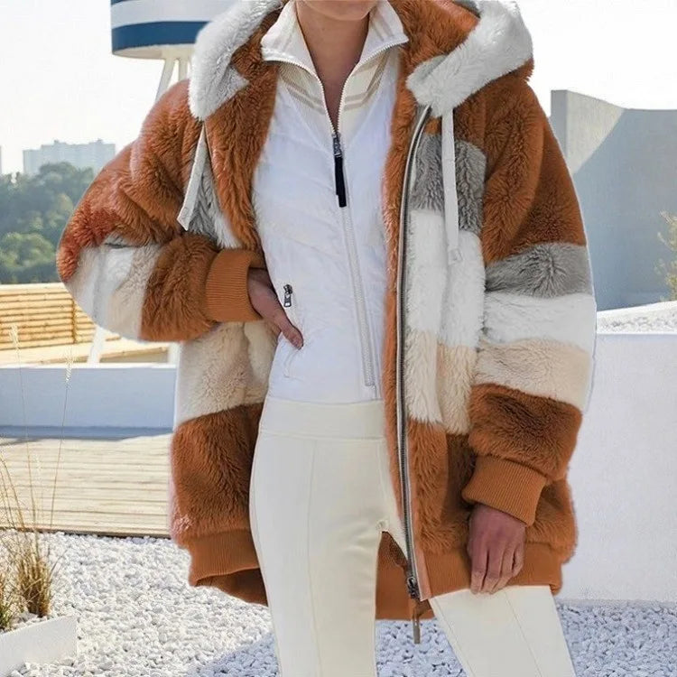 New Autumn Winter Warm Plush Pocket Hooded Streetwear Loose Lady Outerwear Coat