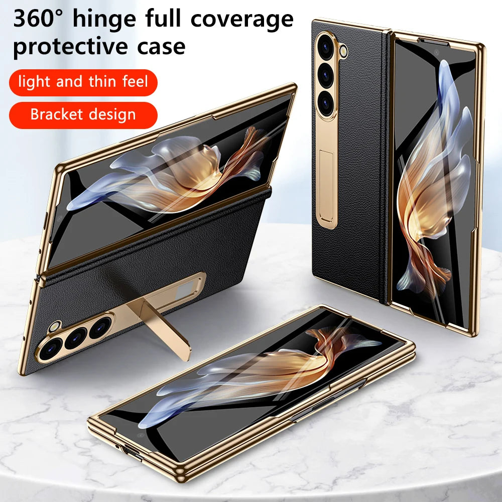 LANGSIDI Leather Case for Samsung Galaxy Z Fold 6 5 4 3 Fold6 Fold5 Gold Plating Magnetic Hinge Stand Cover with Mirror Film