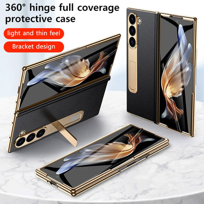 LANGSIDI Leather Case for Samsung Galaxy Z Fold 6 5 4 3 Fold6 Fold5 Gold Plating Magnetic Hinge Stand Cover with Mirror Film