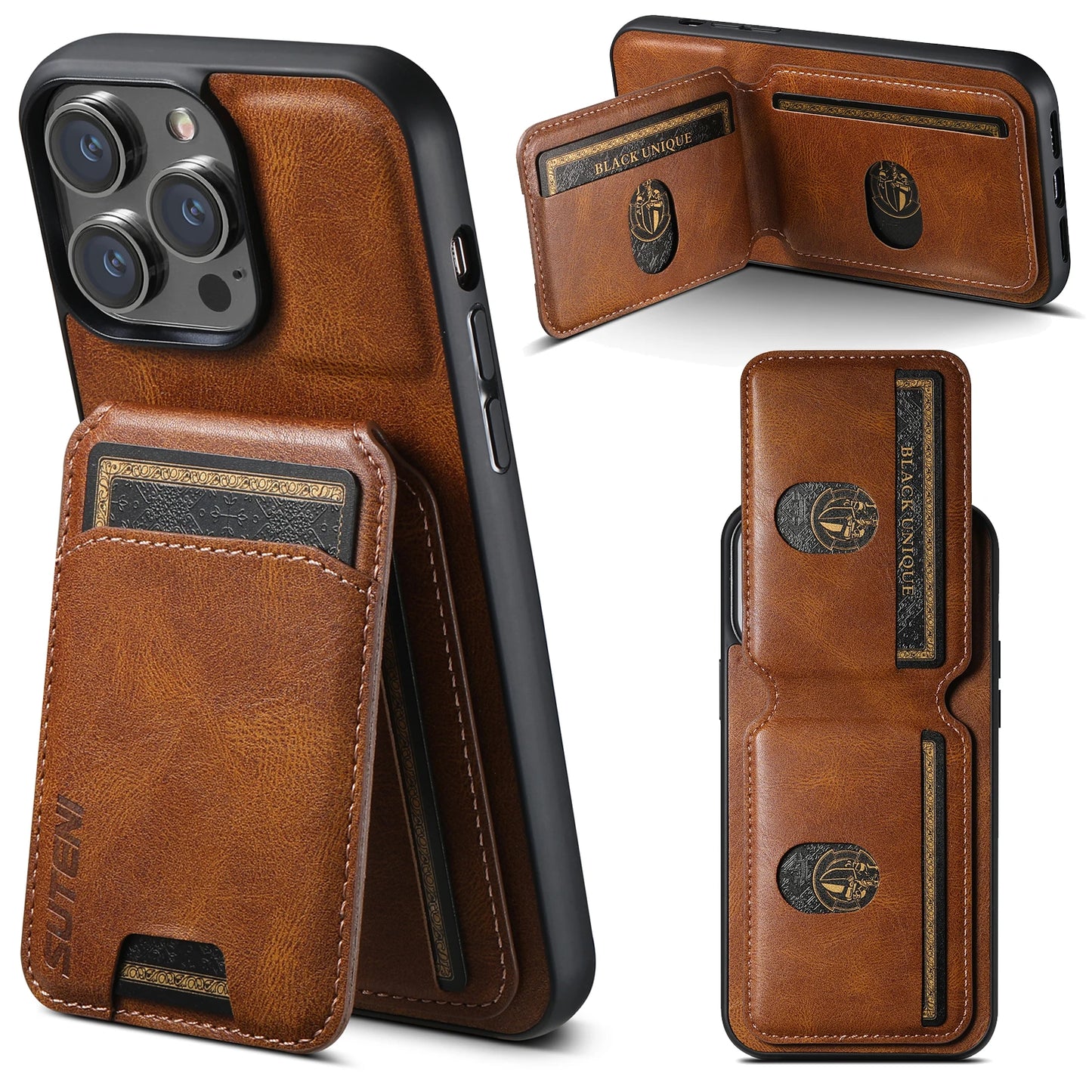 SUTENI Card Holder Leather Magnetic Pocket Cover Wallet Phone Case For iPhone X XS XR 11 12 13 14 15 Plus 16 Pro Max