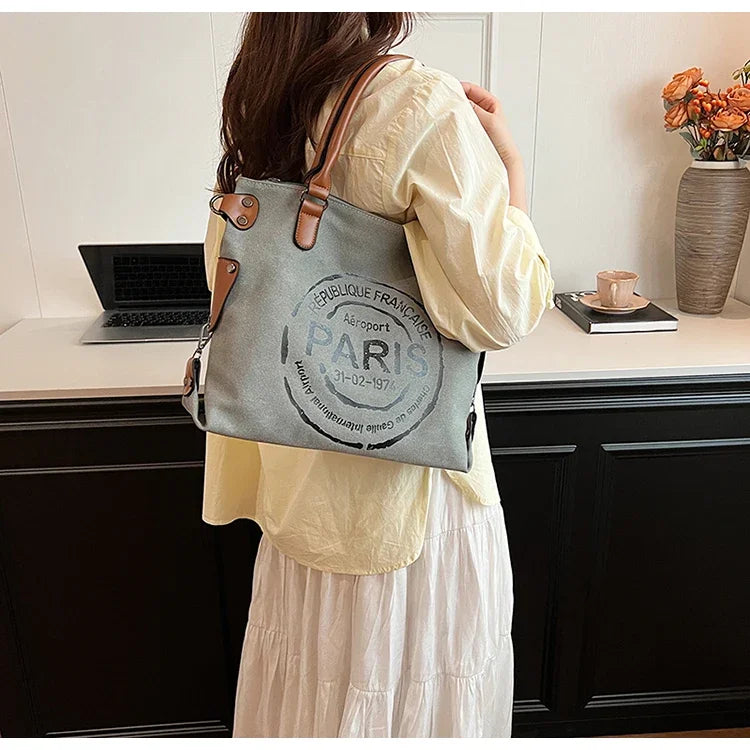 Large Retro Canvas Tote Bag - Adjustable Shoulder Strap Vintage Paris Stamp Print - Stylish Crossbody Bag for Women