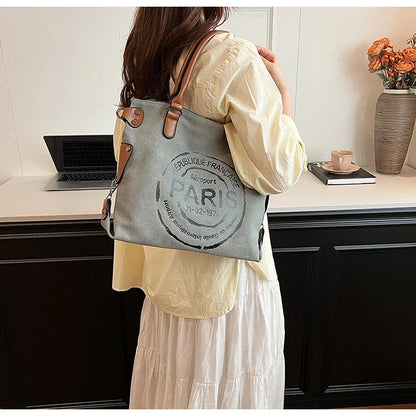 Large Retro Canvas Tote Bag - Adjustable Shoulder Strap Vintage Paris Stamp Print - Stylish Crossbody Bag for Women