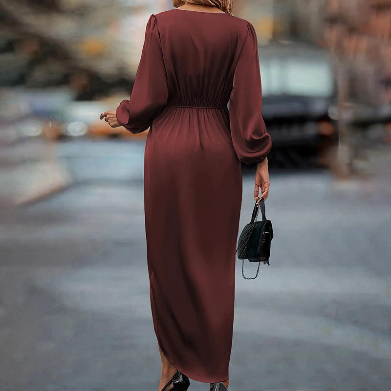 Women Maxi Satin Dress Solid Draped Dress Silk V-Neck Satin Long Sleeve Evening Party Office Lady  Midi Dresses