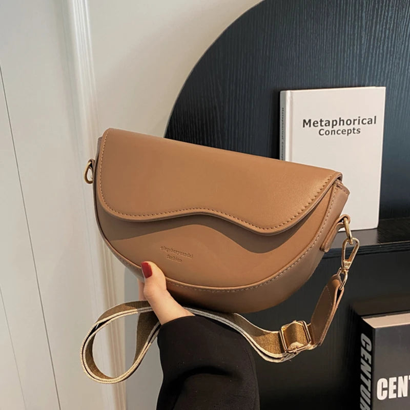 Women Vintage Solid Color Flap Small Saddle Shoulder Underarm Bag Fashion PU Leather Wide Strap Crossbody Bag