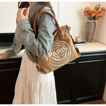 Large Retro Canvas Tote Bag - Adjustable Shoulder Strap Vintage Paris Stamp Print - Stylish Crossbody Bag for Women