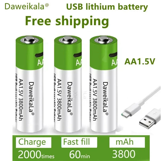 AA lithium battery USB-C fast charging 3800mAh high capacity | 1.5-hour fast charging | Special battery for wireless devices