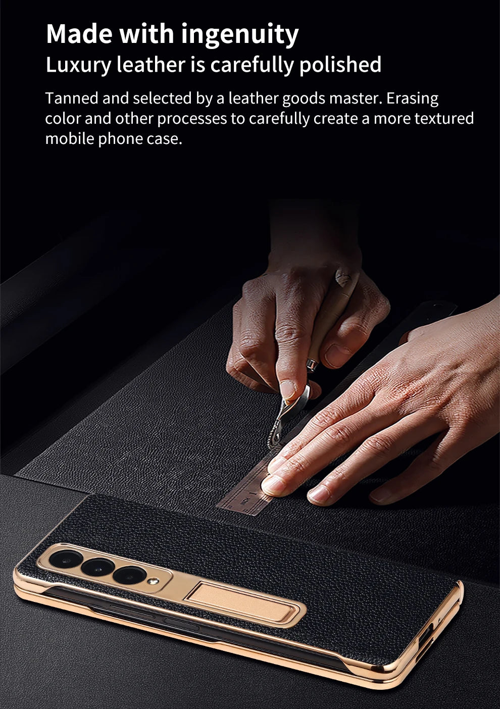 LANGSIDI Leather Case for Samsung Galaxy Z Fold 6 5 4 3 Fold6 Fold5 Gold Plating Magnetic Hinge Stand Cover with Mirror Film