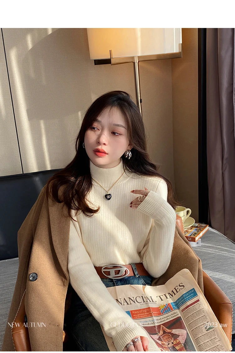 Women's Turtleneck Sweater Winter  Retro Red with Velvet Lining Thickened Inner Wear Thermal Knitting Bottoming Shirt
