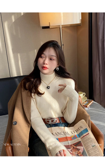 Women's Turtleneck Sweater Winter  Retro Red with Velvet Lining Thickened Inner Wear Thermal Knitting Bottoming Shirt
