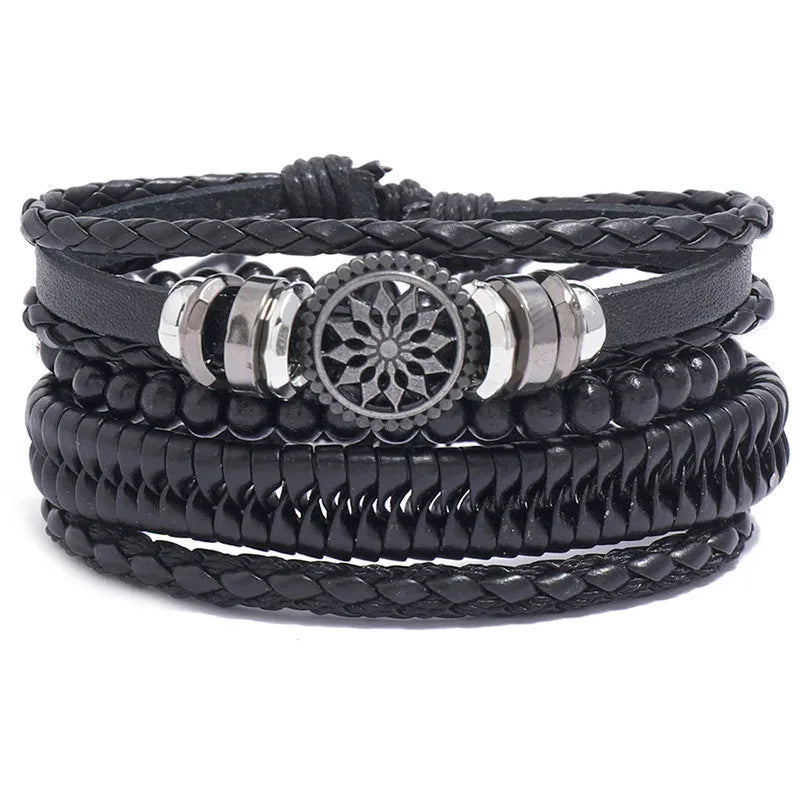 ZORCVENS 3 pcs/set Handmade Woven Leather Bracelet for Men, Vintage Braided Jewelry Gift, Evil Eye Bracelets Bangles