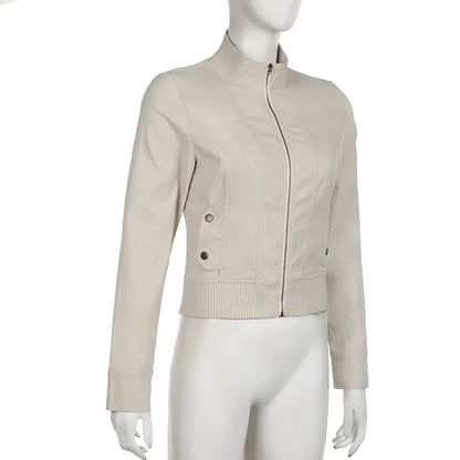 Vintage Cropped Jackets Women Stand Collar Solid Color Casual Coats Slim Pocket Zip Up  Safari Style Outwear