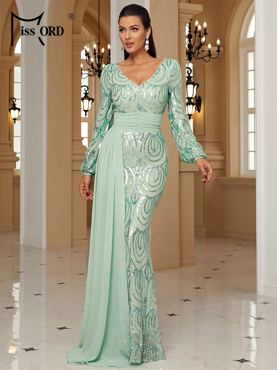 Missord Green Sequin Evening Dress Elegant Women Long Sleeve V-neck Belt Draped Bodycon Wedding Party Prom Dresses Female Gown