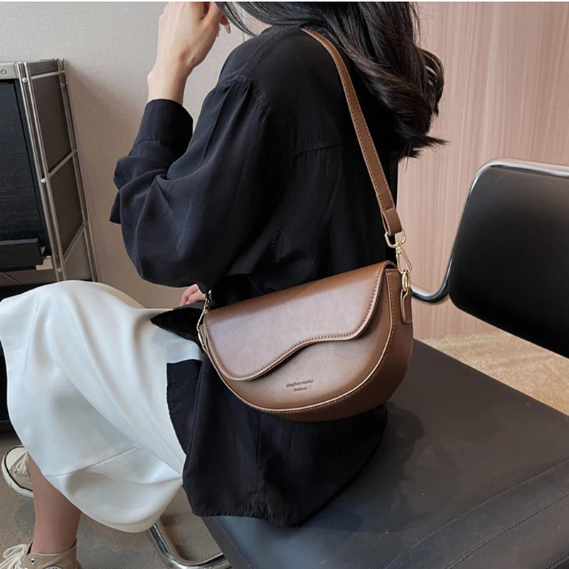 Women Vintage Solid Color Flap Small Saddle Shoulder Underarm Bag Fashion PU Leather Wide Strap Crossbody Bag
