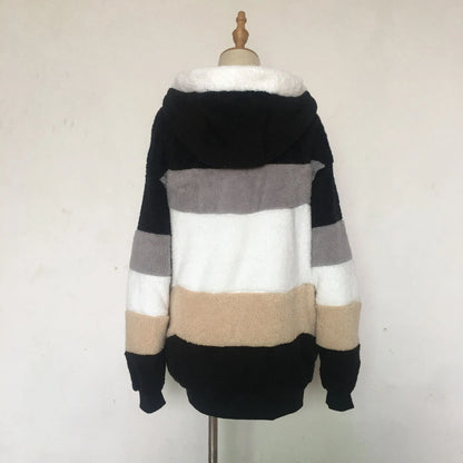 New Autumn Winter Warm Plush Pocket Hooded Streetwear Loose Lady Outerwear Coat