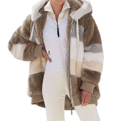 New Autumn Winter Warm Plush Pocket Hooded Streetwear Loose Lady Outerwear Coat