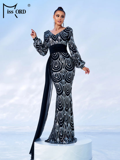 Missord Green Sequin Evening Dress Elegant Women Long Sleeve V-neck Belt Draped Bodycon Wedding Party Prom Dresses Female Gown
