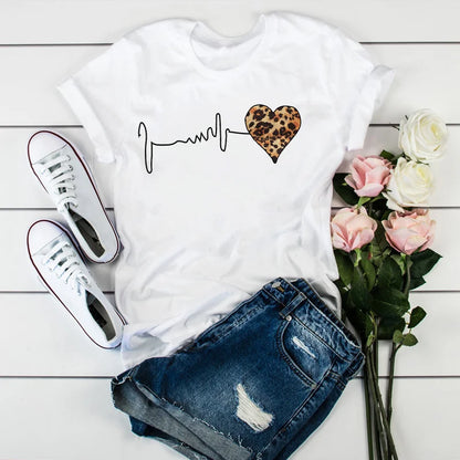 Summer New 90 's Leopard Heartbeat Short Sleeve Print Clothing Women's T-Shirt 2025