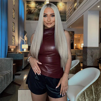 Fashion Solid Leather Y2k Top Skinny Waist Slimming Sleeveless Women Clothing High Collar Streetwear