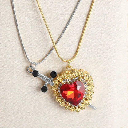 2025 2PCS Heart & Sword Zircon Pendant Necklace – Silver/Gold Plated Couple Jewelry