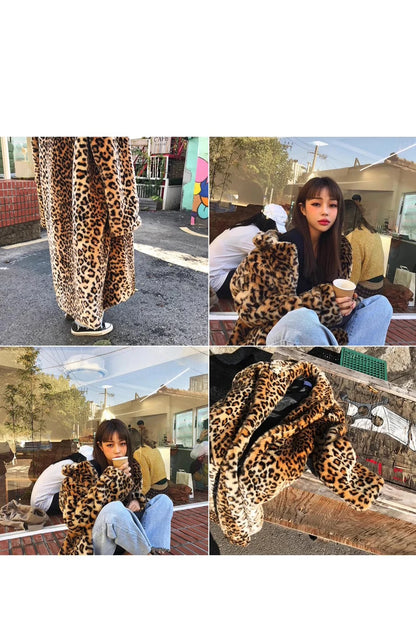 Europe America Women's Leopard Fur Coat Longer Fashion Casual Loose Fur Overcoat