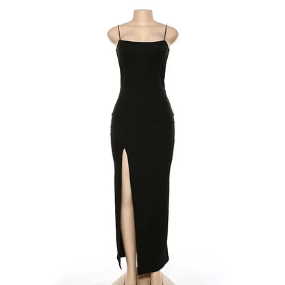 Women Summer Bodycon Dress Lady Sexy Spaghetti Strap Sleeve Split Solid Color Sheath Dress
