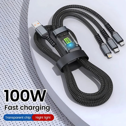 3-in-1 100W 5A Fast Charging USB To Type-C Micro Fast Charger Cable For iPhone  Samsung