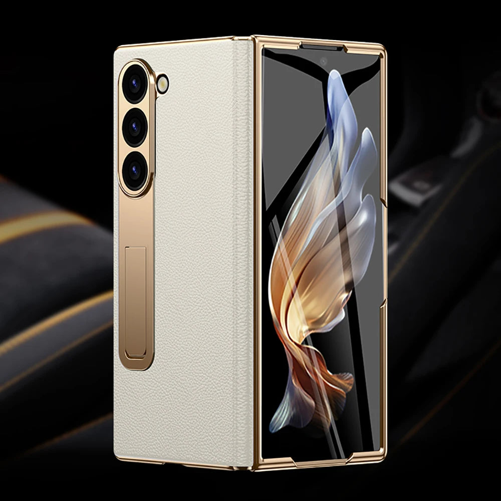 LANGSIDI Leather Case for Samsung Galaxy Z Fold 6 5 4 3 Fold6 Fold5 Gold Plating Magnetic Hinge Stand Cover with Mirror Film