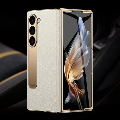 LANGSIDI Leather Case for Samsung Galaxy Z Fold 6 5 4 3 Fold6 Fold5 Gold Plating Magnetic Hinge Stand Cover with Mirror Film