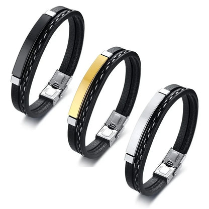 2025 Trendy Men Leatherwear Weave Bracelet Leisure Color Contrast Stainless Steel Bangle