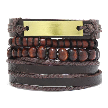 Vintage Leather Bracelet Men Multiple Woven Bracelets with Brown Wood Beads As Decorative Accessories Drawstring Bracelet