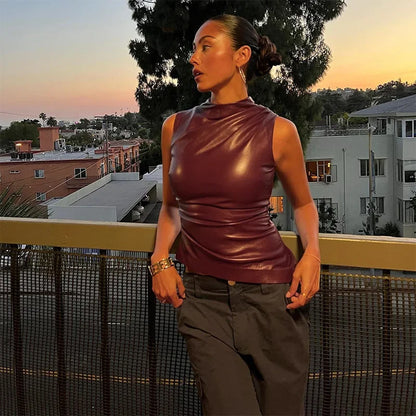 Fashion Solid Leather Y2k Top Skinny Waist Slimming Sleeveless Women Clothing High Collar Streetwear
