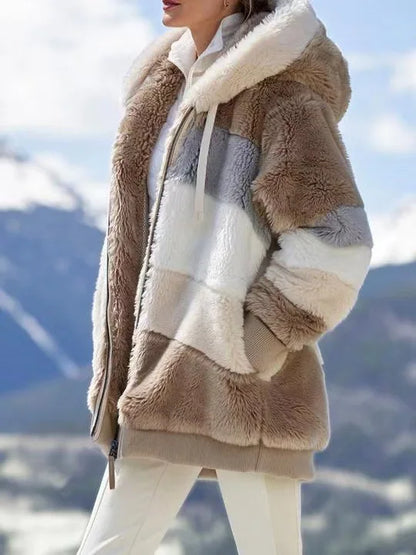 New Autumn Winter Warm Plush Pocket Hooded Streetwear Loose Lady Outerwear Coat