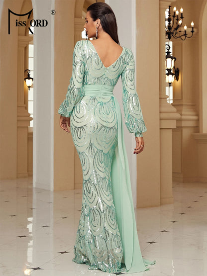 Missord Green Sequin Evening Dress Elegant Women Long Sleeve V-neck Belt Draped Bodycon Wedding Party Prom Dresses Female Gown