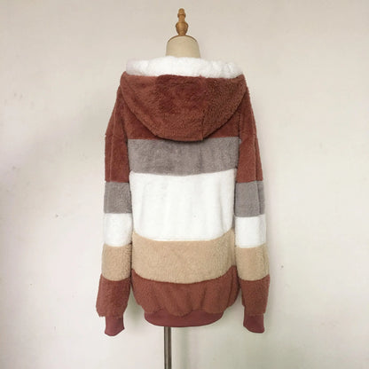New Autumn Winter Warm Plush Pocket Hooded Streetwear Loose Lady Outerwear Coat